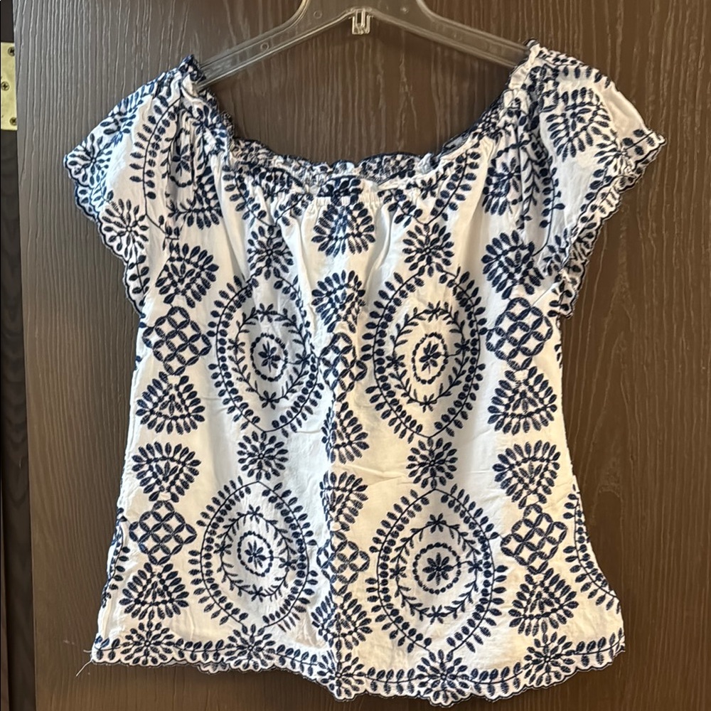 Navy and White Embroidered Women's Top